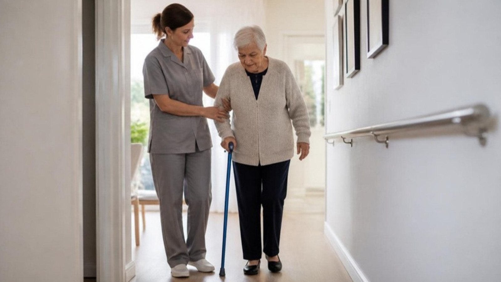 Caregiver helping an elderly woman walk safely beside a grab rail at home