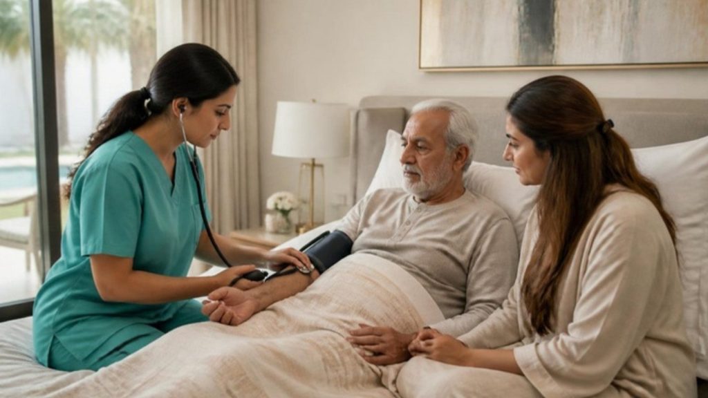 Home nurse checking blood pressure of an elderly man after hospital discharge