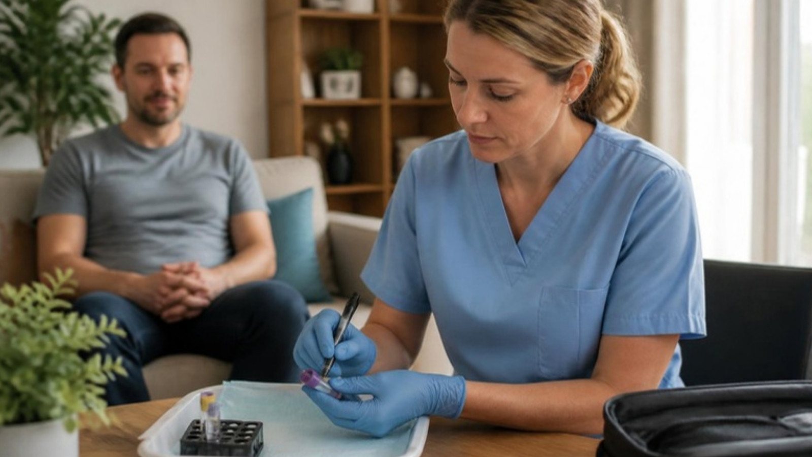 Nurse preparing a confidential STD test sample during a home visit
